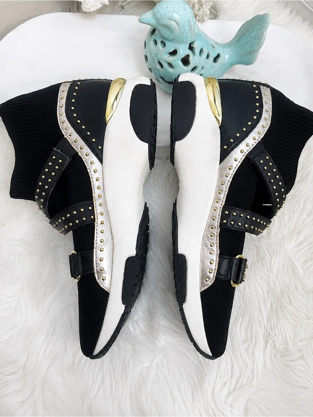 CARVELA Black Kurt Geiger Listen High Top Sock Trainers Studded Buckle Strap 8